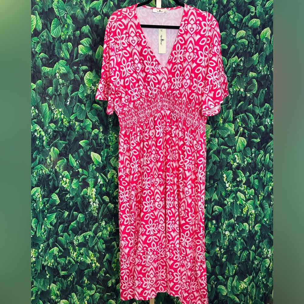 Vibrant Pink Floral Batik Midi Dress 1X